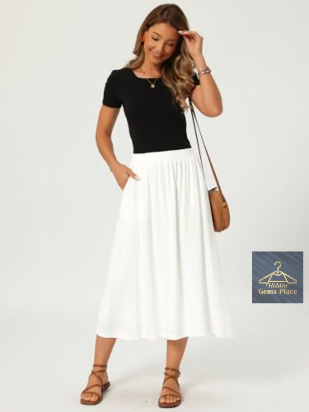 Flowy Linen Midi Skirt with Pockets High Waist A-Line Summer - Picture 3 of 7